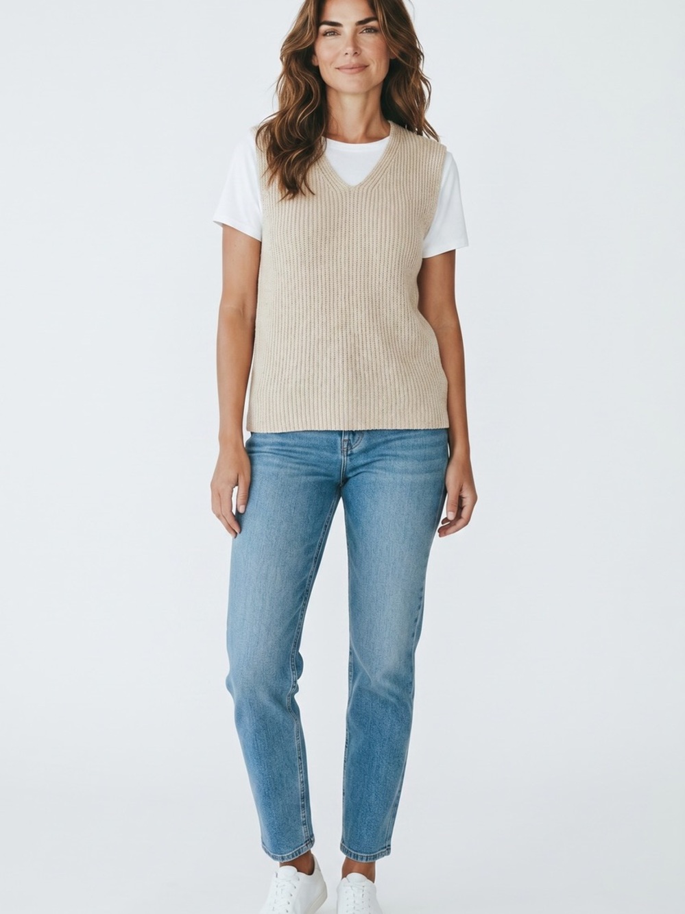 Stitches Ribbed V-Neck Sleeveless Silk Vest in Beige